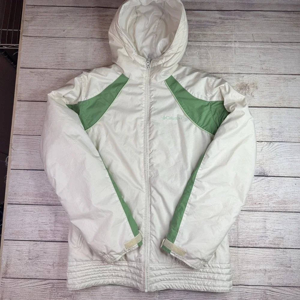 Columbia Youth 18/20 Hooded Winter‎ Coat Jacket White Green Fleece Lined READ